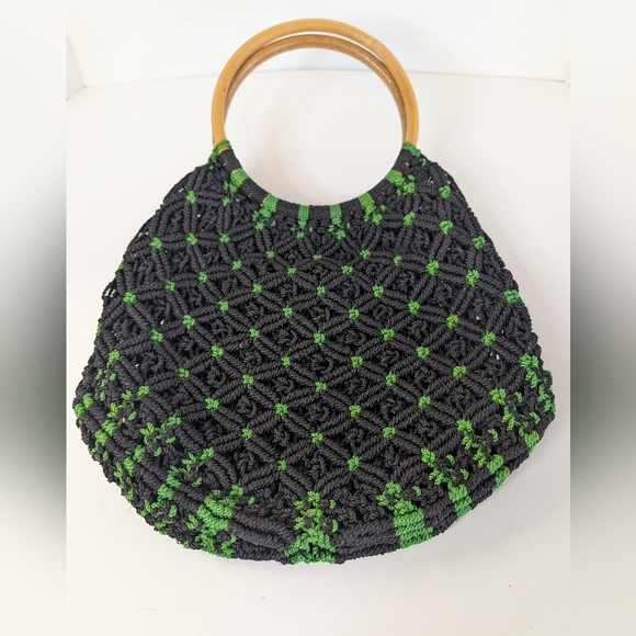Vintage Crochet Green Woven Handbag with Bamboo Wooden Handles - Picture 2 of 3